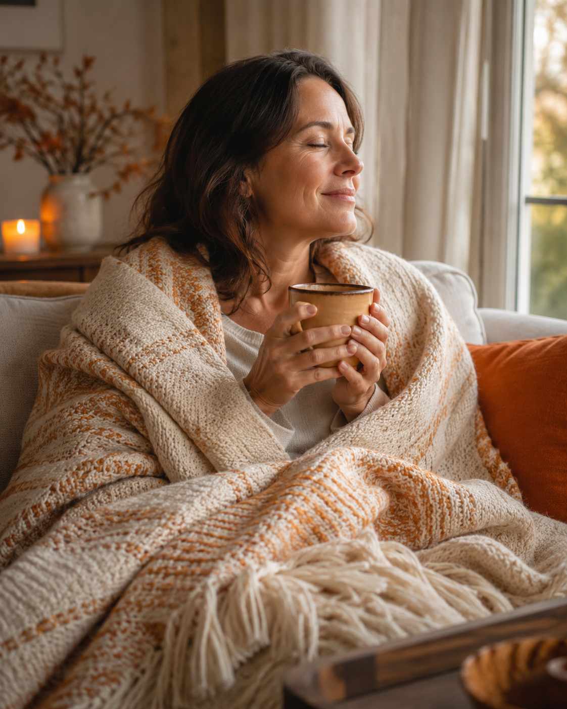 Frau sitzt entspannt in eine Decke gehüllt auf dem Sofa und hält eine Tasse