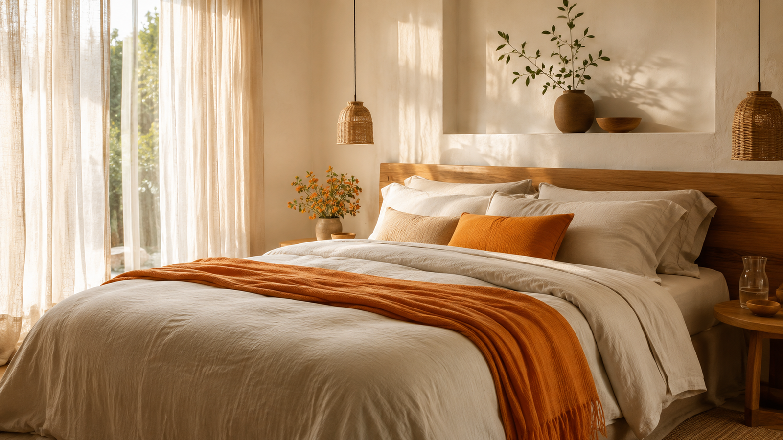 Ruhiges Schlafzimmer mit hellem Bett, orangefarbener Decke und Leinenvorhängen