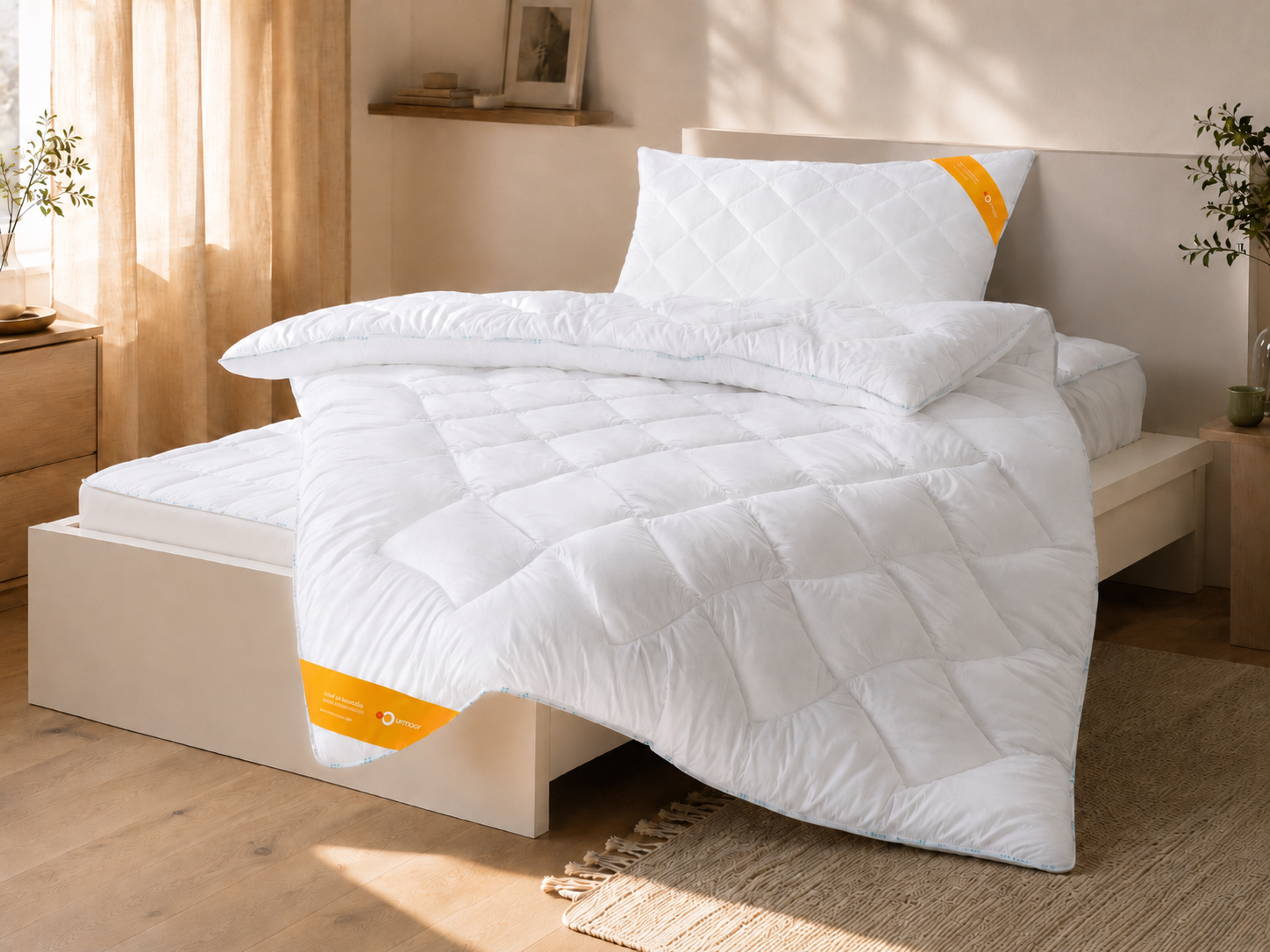 Kissen und Bettdecke des urmoor CLEANCELL Schlafsystems auf einem Bett