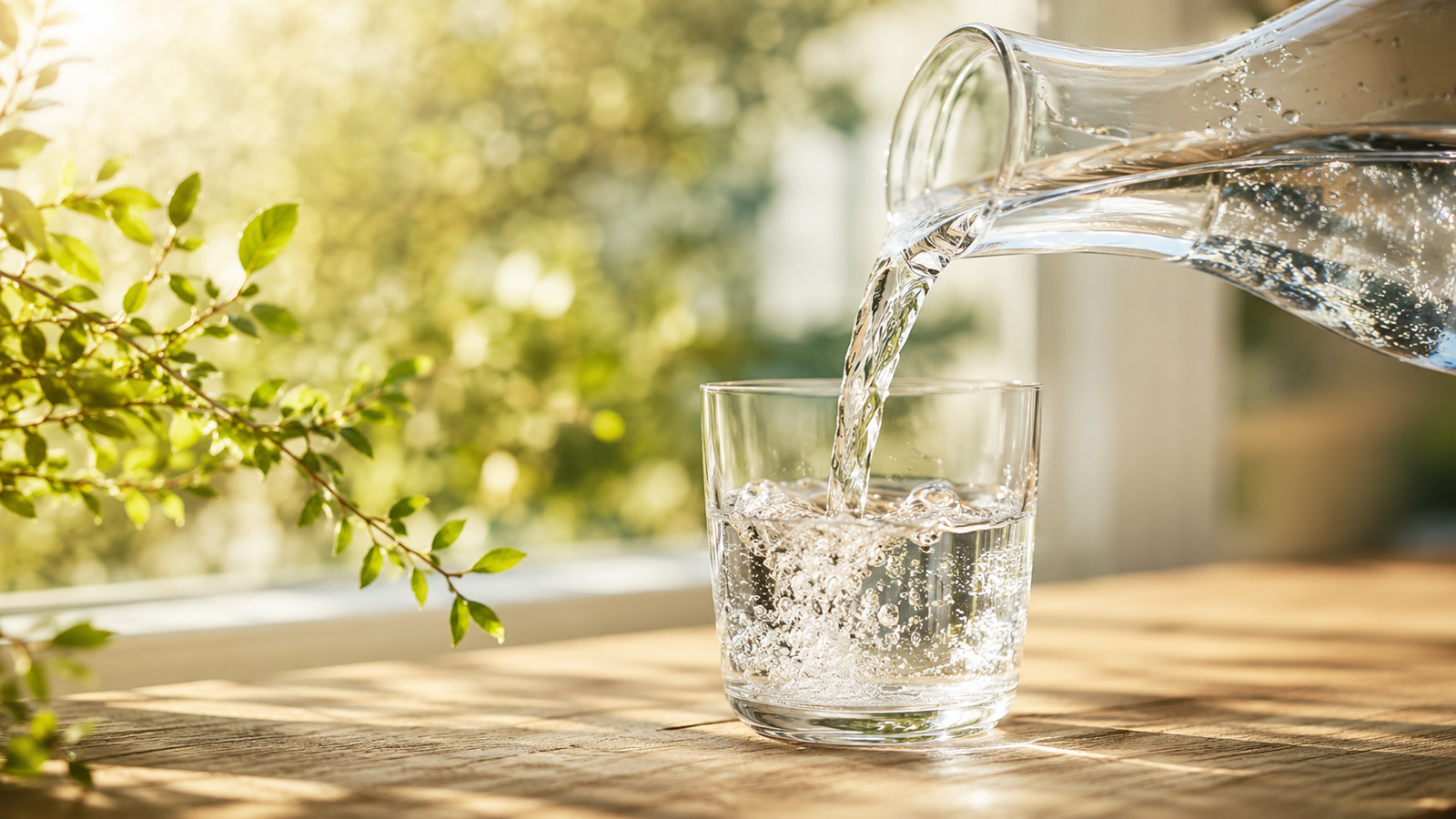 Ein gefülltes Glas mit klarem Wasser steht im Tageslicht